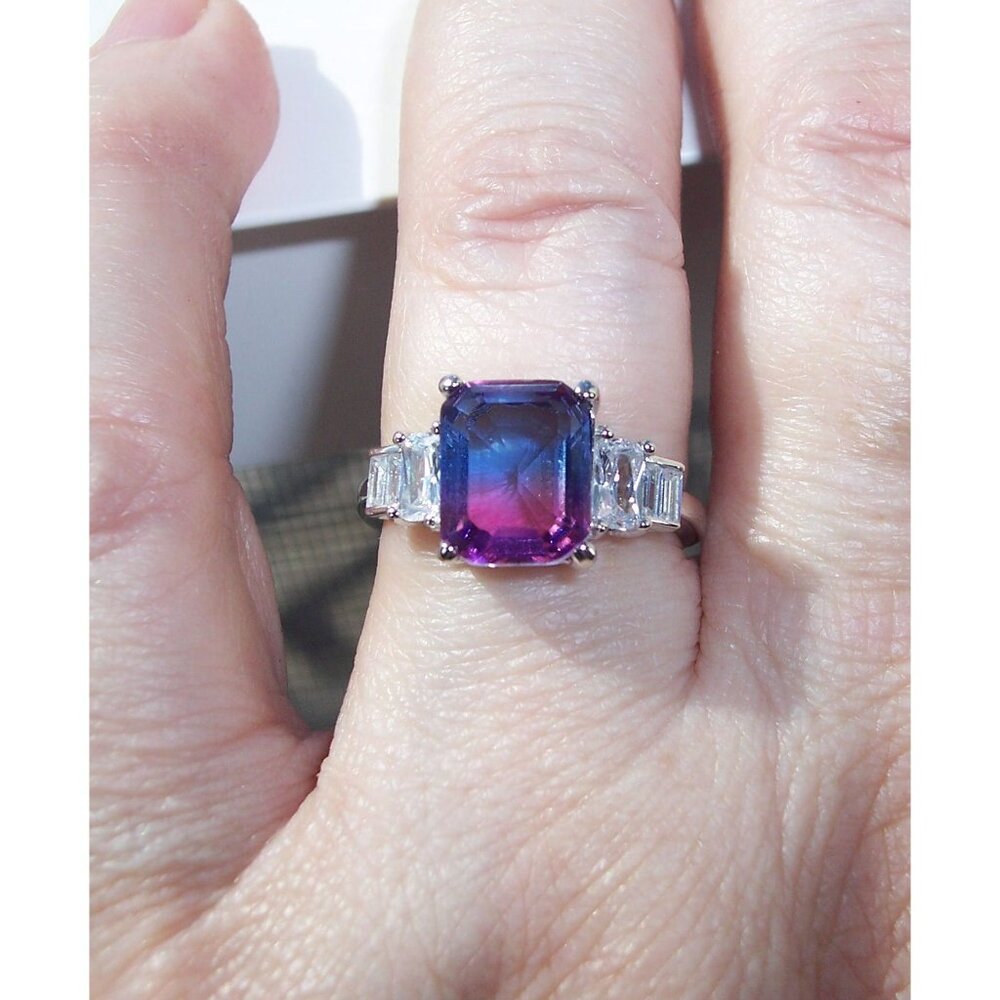 925 STERLING SILVER Bicolor Cubic Zirconia & Baguette Ring Blue & Pink - Picture 7 of 16